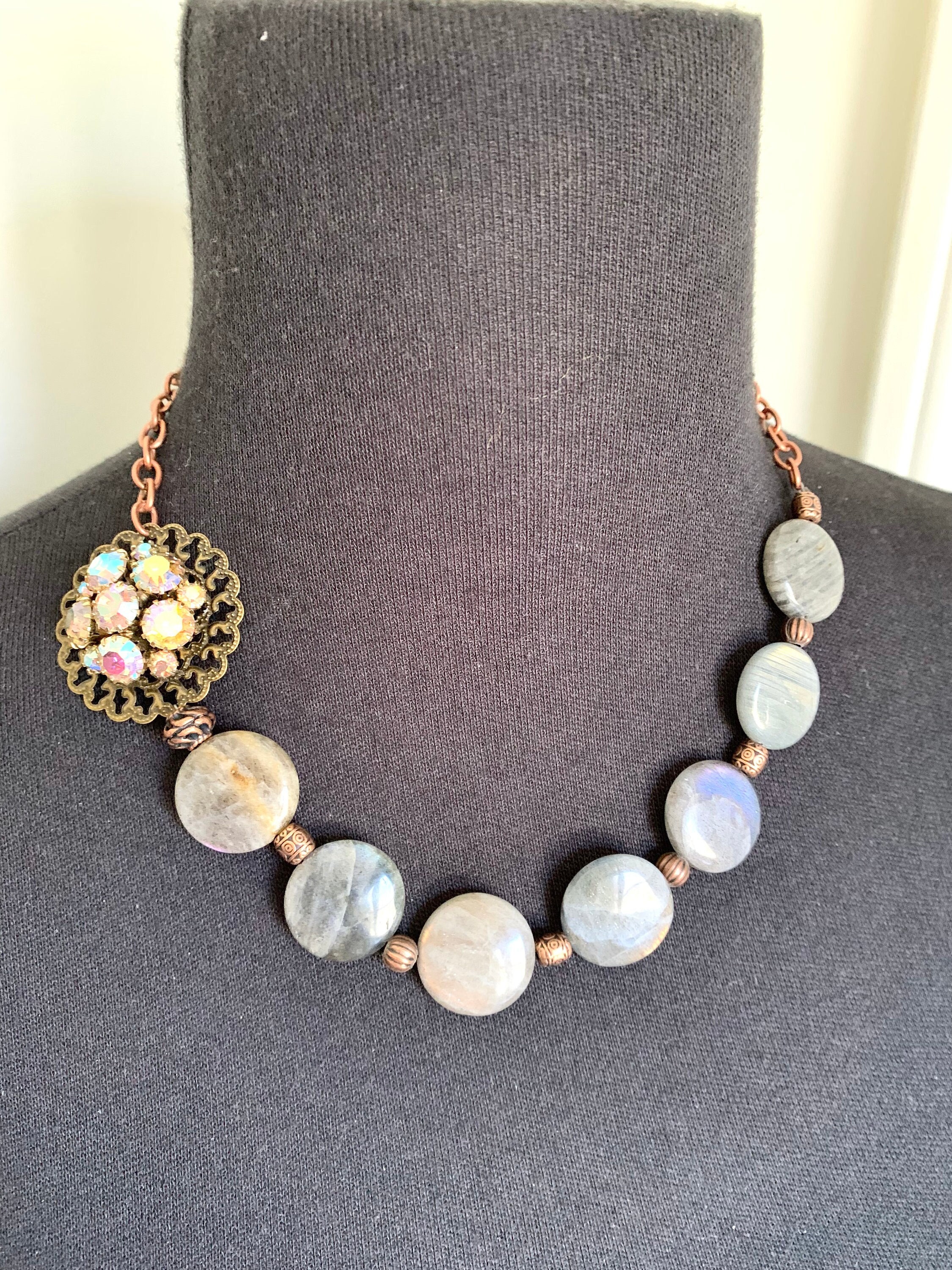 Collier De Perles En Labradorite Naturelle 1,2cm - Bijou Vintage, état Parfait