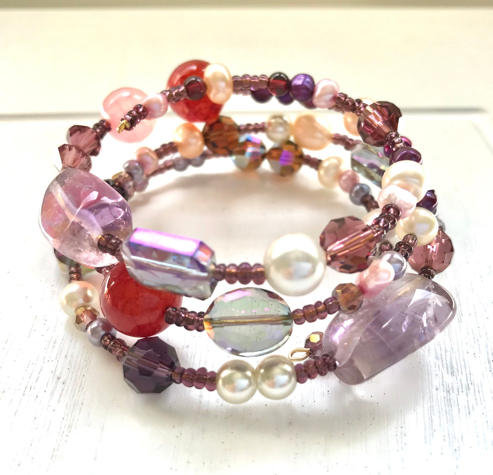 Purple Memory Wire Bead Bracelet for Women/ Handmade Purple Crystal