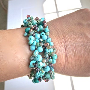 Handmade Crochet Czech Bead Bracelet: Turquoise Boho Wrap Bracelet