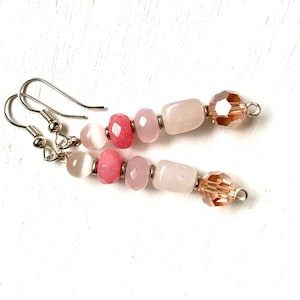 Handmade Pink Quartz Dangle Earrings: Czech Glass Beaded Drop Earrings