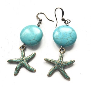 Handmade Turquoise & Brass Starfish Dangle Earrings: Beach Boho