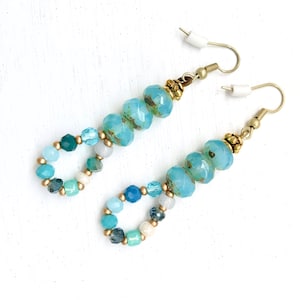 Handmade Blue Czech Glass Dangle Earrings - 2 Inch Drop