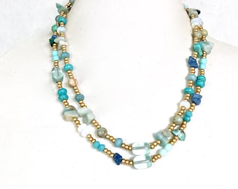 Blaue Edelstein Perlen Statement Kette: Handgemachter Boho Schmuck