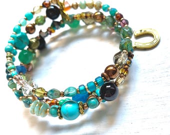 Handgemachtes Boho Türkis Perlen Armreif - Memory Wire