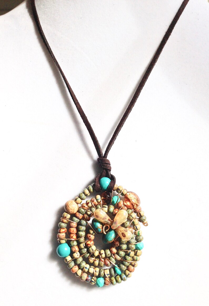 Gift for Her Necklace Boho One of a Kind Mandala Pendant Necklace SALE Handmade Beaded Pendant Necklace Leather necklace