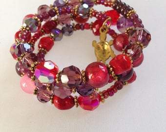 Red Crystal Beaded Memory Wire Bracelet: Handmade Wrap Cuff