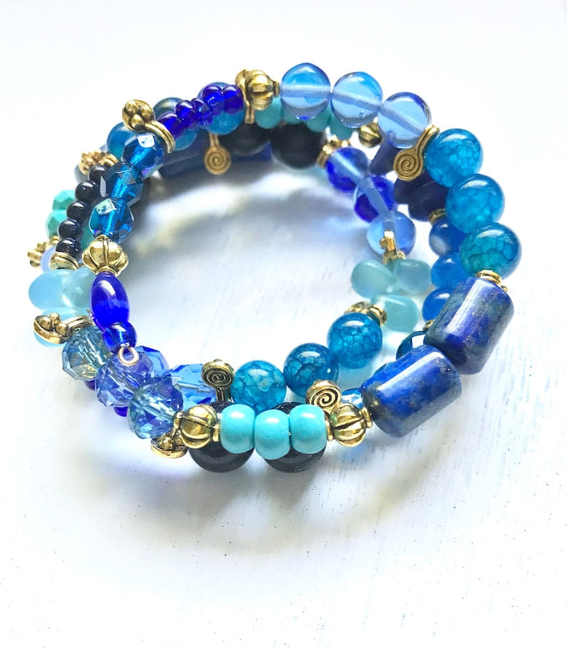 Blue Memory Wire Bracelet Layering Bracelet Boho Bracelet Blue Etsy