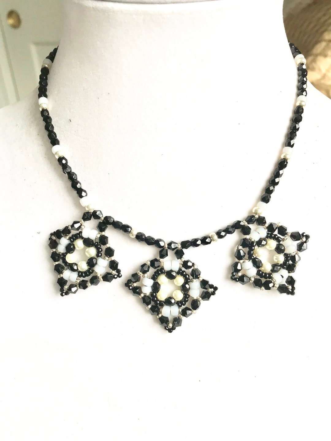 Black and White Bead Necklace for Women/ Handmade Bead Black Bib
