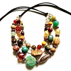 Boho Multi Strand Necklace: Artisan Crafted Leather Cord with Jasper, Agate & Kyanite