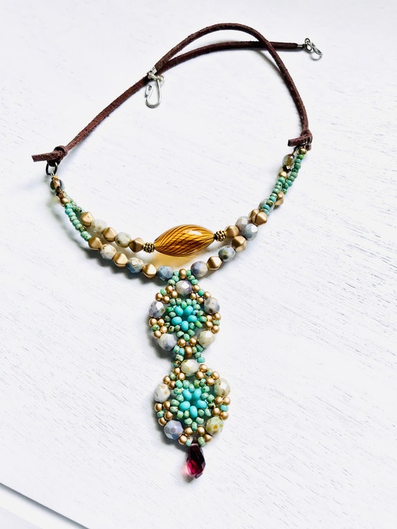 Handmade Czech Glass Bead Pendant Necklace: Boho Leather Cord, 18