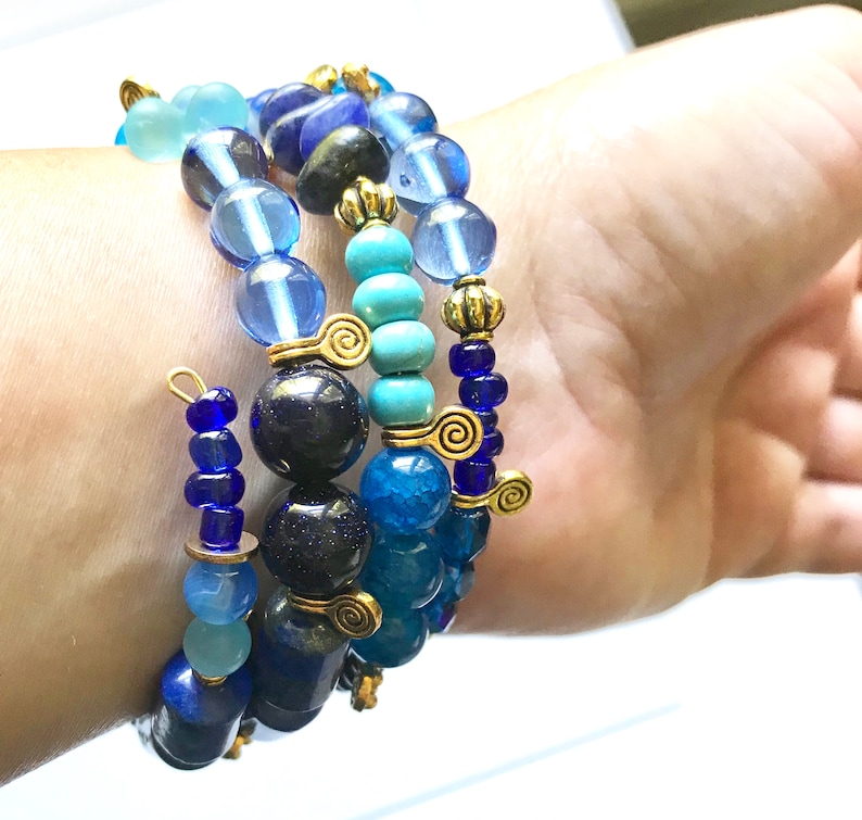 Blue Memory Wire Bracelet Layering Bracelet Boho Bracelet Blue Etsy