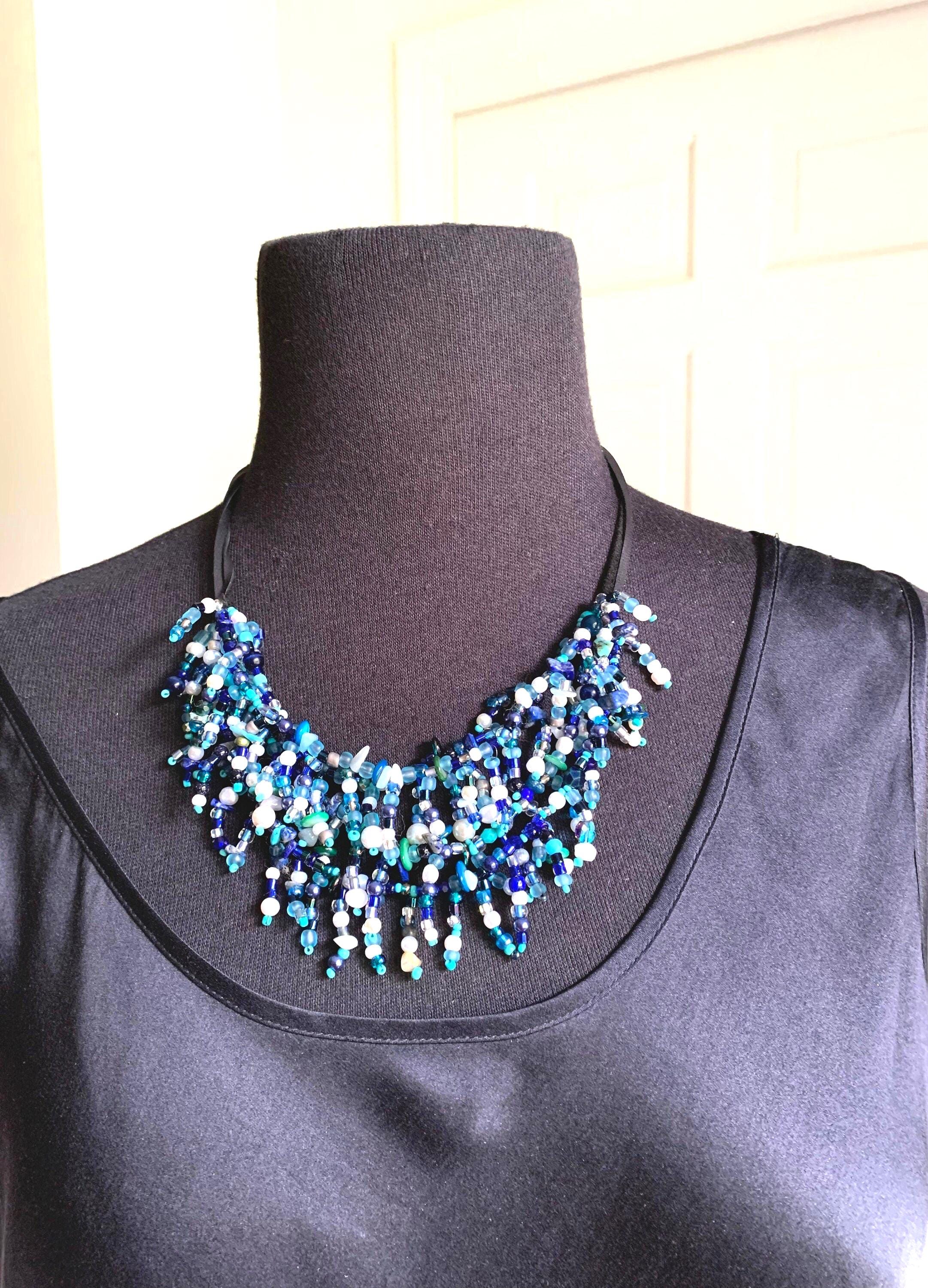 Handmade Blue Glass Bead Necklace: Boho Leather Cord Statement