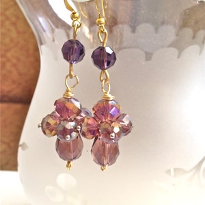 Handmade Swarovski Purple Crystal Drop Earrings: Gold Plated
