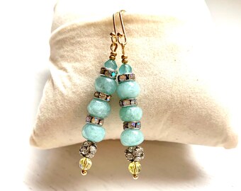 Aquamarine Dangle Earrings: Crystal, Pearl, Rhinestone - Handmade