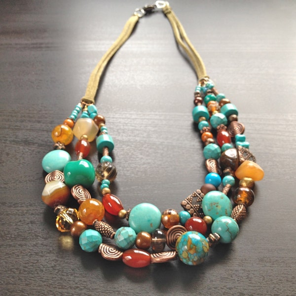 Colorful necklace, Statement southwest handmade Bohemian eclectic turquoise beaded necklace - Free shipping