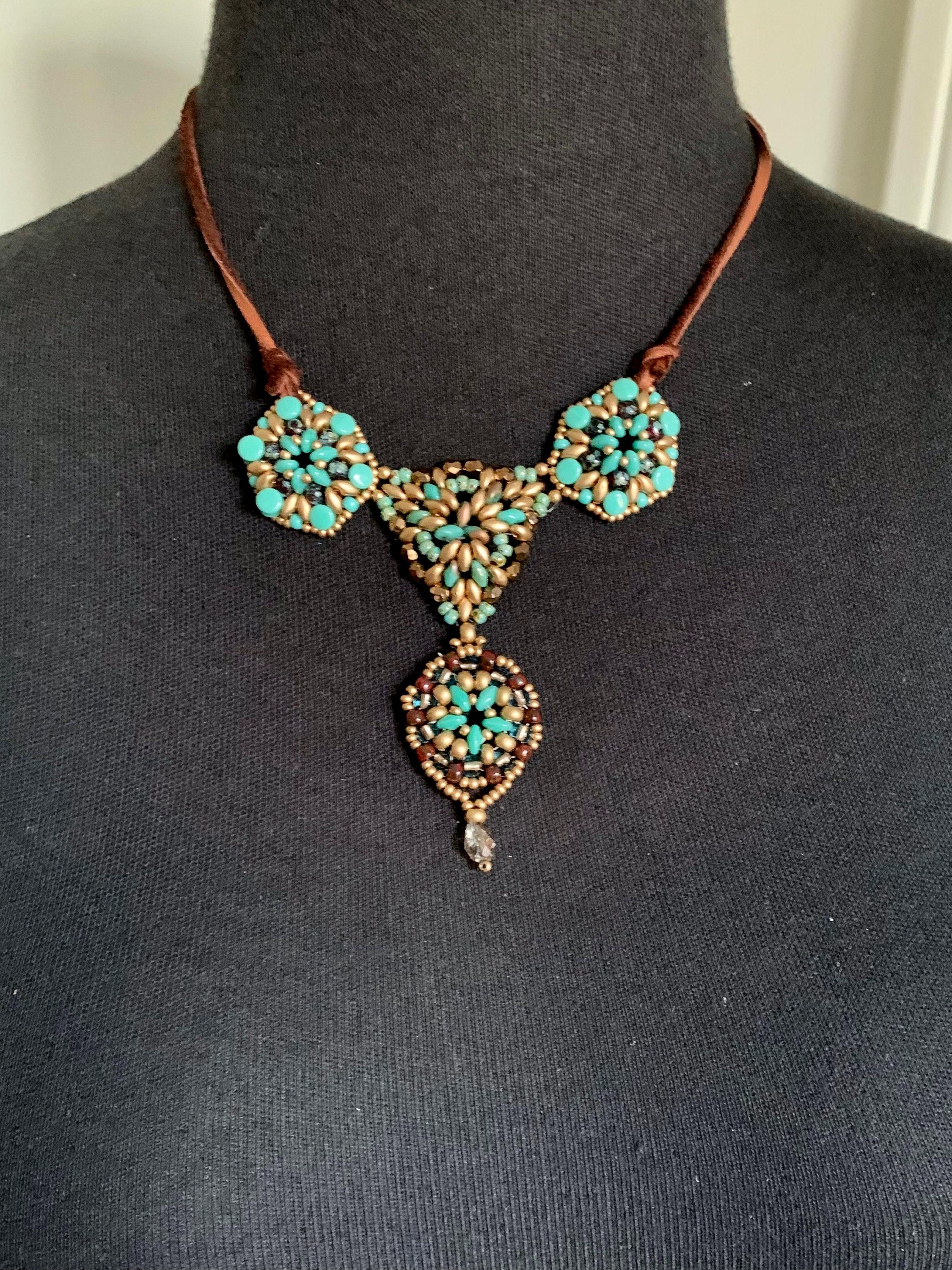 Czech Glass Bead Bib Necklace: Boho Leather Cord Pendant