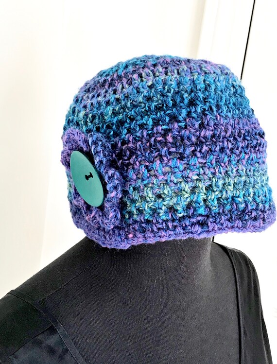 Blue Purple Crochet Flower Hat: Winter Wool Blend Beanie - Etsy display picture 1