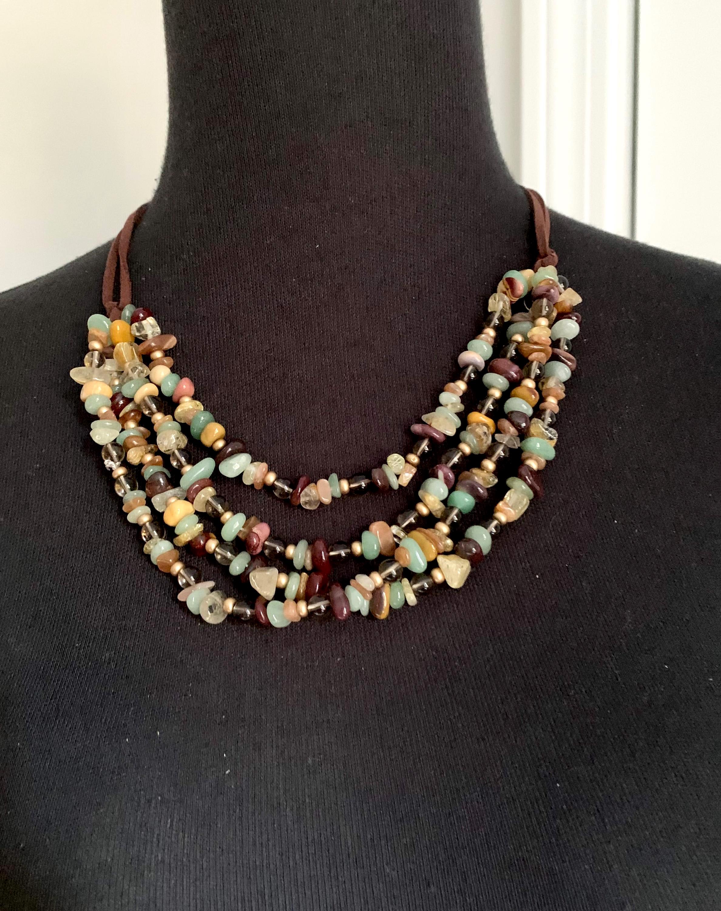 Handmade Multi Strand Bead Necklace: Smoky Quartz, Agate & Leather 