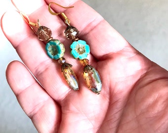 Blue Flower Earring, Rustic Bronze Boho Earrings, Drop Dangle Earrings, Unique Bohemian Flower, Unique Hippie Flower Earrings, Gift for Her