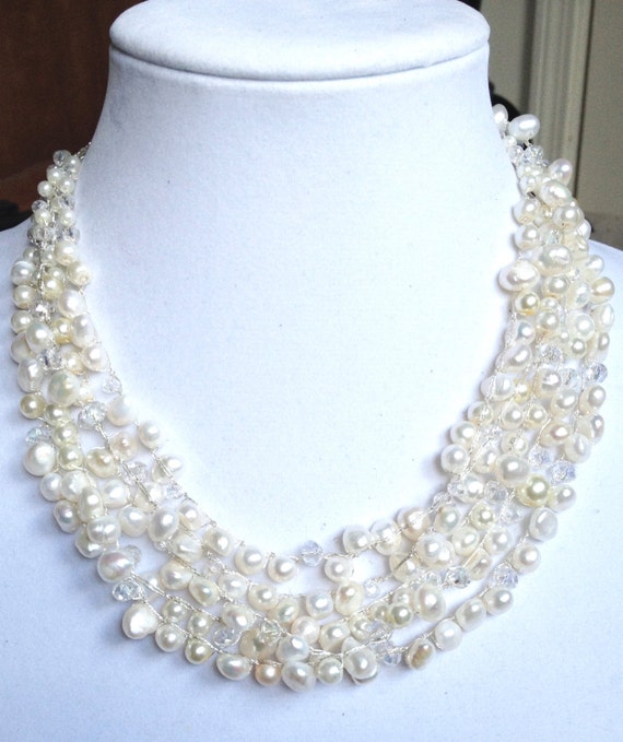 Crochet pearl statement necklace unique multi strand pearl | Etsy