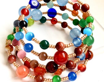 Handmade Gemstone Bead Memory Wire Wrap Bracelet