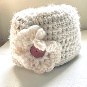 Crochet Flower Beanie Hat: Ecru Toddler Winter Hat