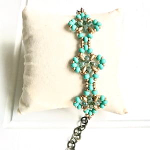 Blue Czech Glass Beaded Bracelet: Handmade Boho Brass Cuff