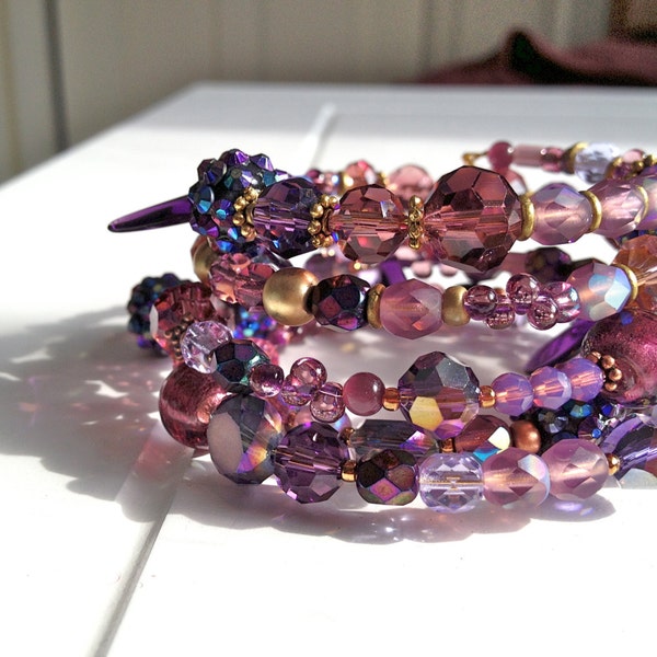 Purple Crystal Beaded Cuff Bracelet: Handmade Memory Wire Wrap