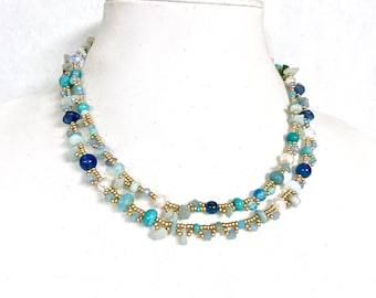Long collier de perles aigue-marine pour femme, long collier de perles fait main, collier tendance pour femme, cadeau pour elle, collier tendance