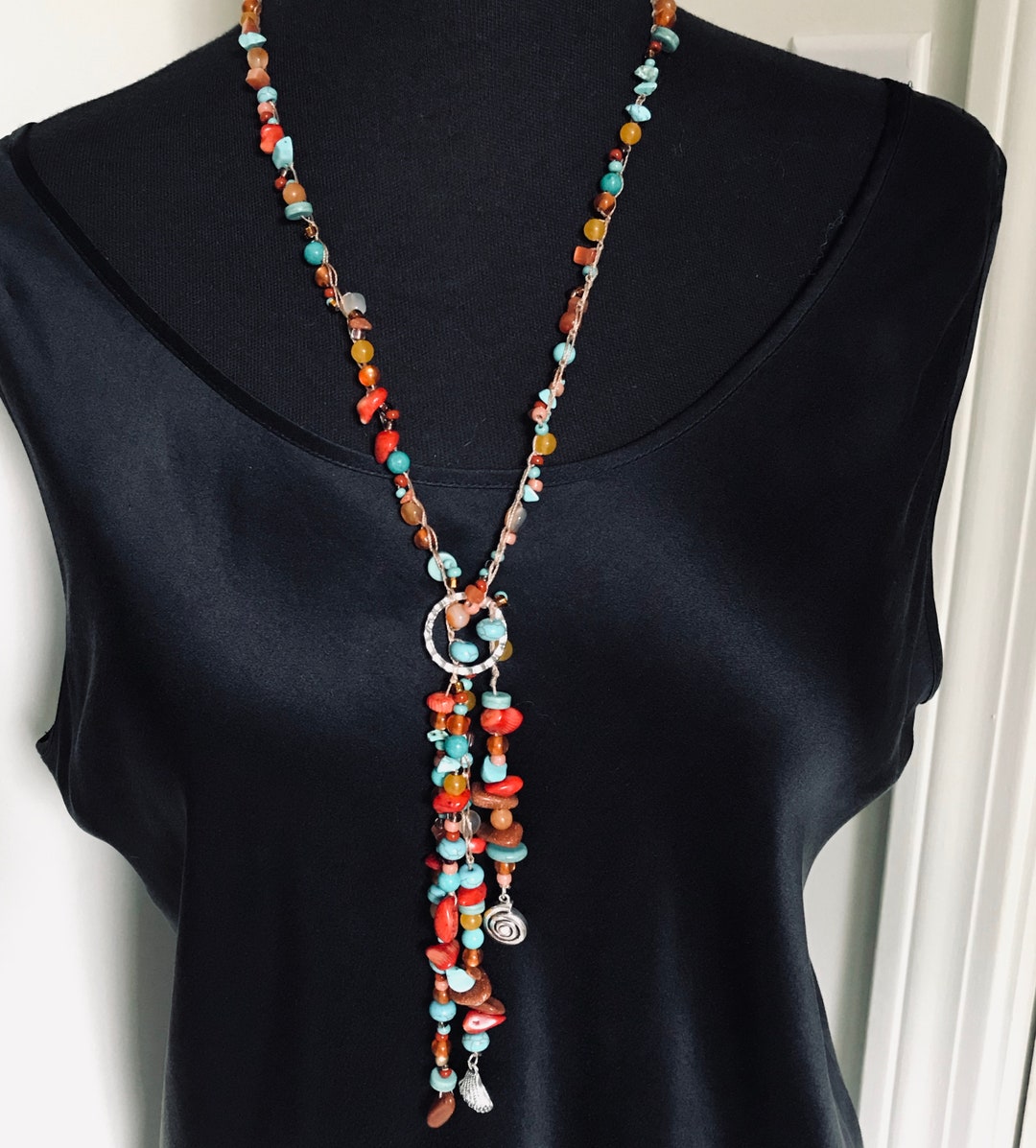 Tasbeeh Beads COOLSTEELANDBEYOND Boho Chic Lariat Necklace Tassel Pendant Pastel Blue Crystal Bead Three Strand Long Chain Y Shape Long Necklace For Women