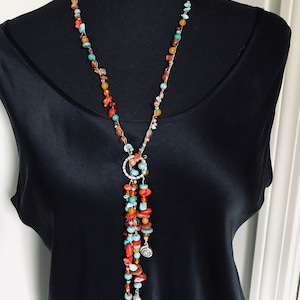 Boho Crochet Bead Lariat Necklace: Turquoise, Agate, Carnelian