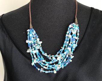 Blue bib Bead Necklace, Handmade Multi strand Necklace for Women, Gift for her, Statement One of a Kind Jewelry, Boho Chic jewelry