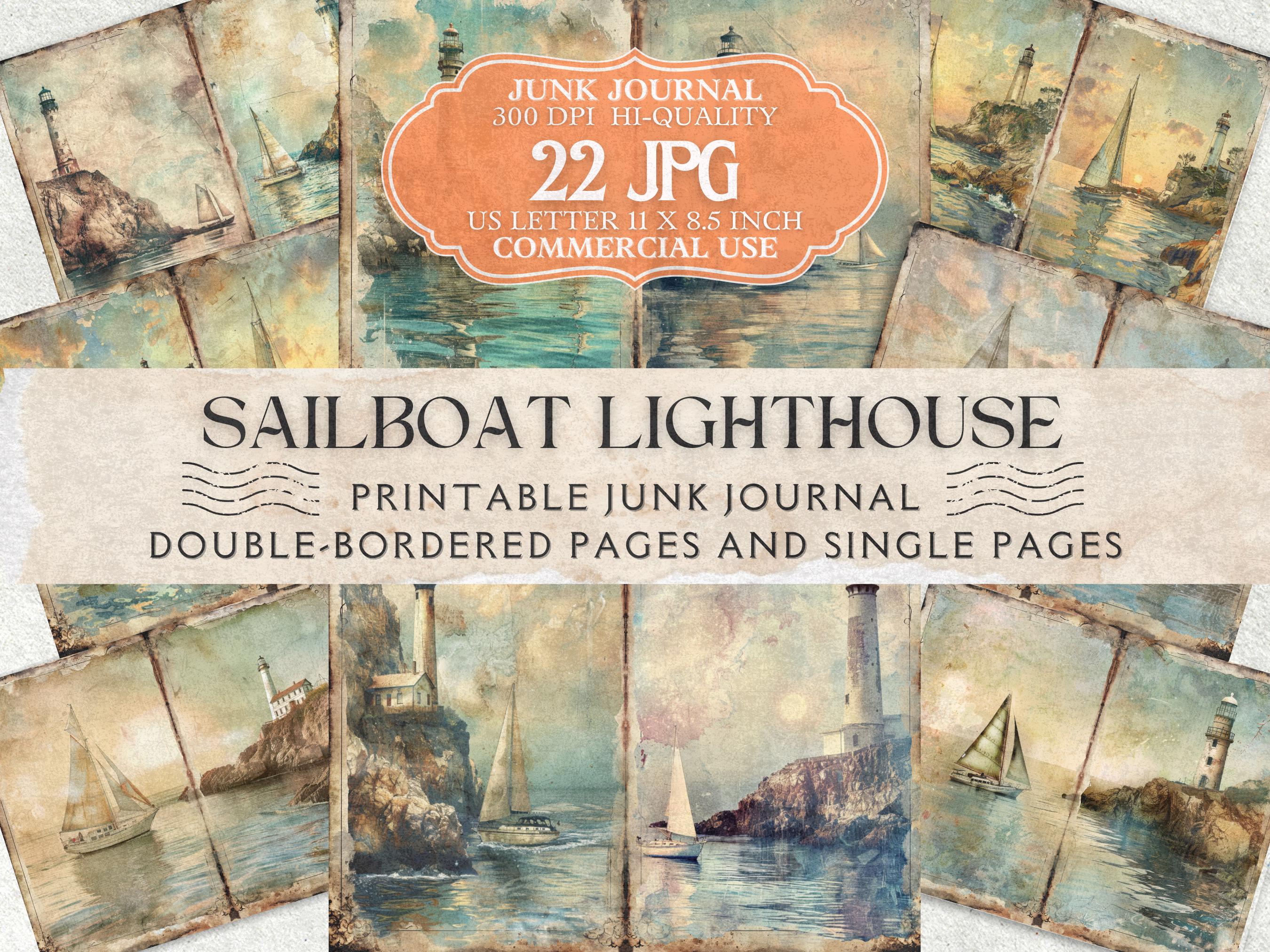 Sailboat and Lighthouse With Pastel Sky Junk Journal Printable Template ...