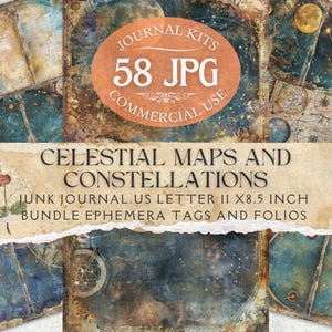 Diseño de constelaciones de mapas celestiales Plantilla imprimible de diario basura vintage Hiperrealista / Paquete 58 JPG para manualidades de papel de Scrapbooking