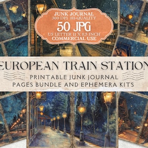 European Train Station at Night with Starry Sky and Decorative Border Junk Journal Printable Template | For Scrapbooking Journaling Crafts