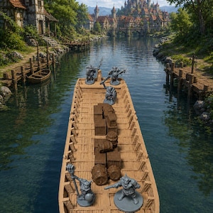 May include: A wooden flat-bottomed boat carrying several grey miniature goblin figures and brown cargo crates and barrels. The boat is positioned on a river flowing toward a distant medieval castle and village with stone buildings and green trees.