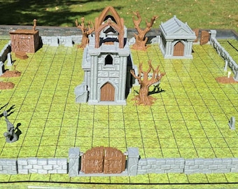 3D Printed Graveyard Terrain Set – DnD Tabletop RPG Scenery with Church, Mausoleum, Graves & Fences