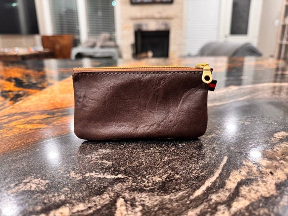 Brown Leather Coin Pouch: Small Zipper Bag, YKK Zipper (5x3 inches)