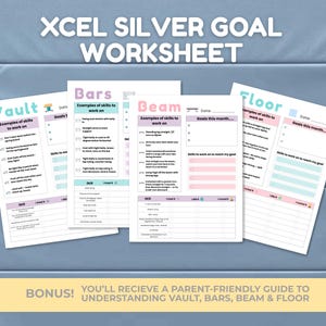 Op de afbeelding: Een set van vier werkbladen voor gymnastiektraining, met titels voor Vault, Bars, Beam en Floor. Elk werkblad bevat secties voor doelen en vaardigheden, met de tekst "XCEL SILVER GOAL WORKSHEET" bovenaan. De werkbladen zijn in pastelkleuren.