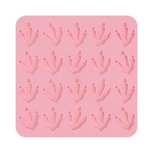 May include: A pink silicone mold with a grid of fifteen dinosaur footprint shapes. Each footprint has three toes and a small, pointed nail. The mold is a solid, rounded rectangle.
