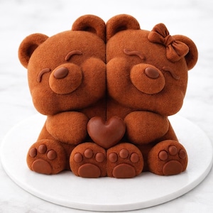 May include: A brown teddy bear cake with two bears embracing, a heart between them, and a bow on one bear's head. The cake is on a white plate, perfect for a romantic occasion.