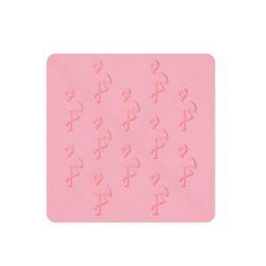 May include: A pink silicone mold featuring eleven flamingo shapes. The flamingo shapes are evenly spaced across the surface of the mold. The mold is square with rounded corners. Ideal for making flamingo-shaped treats.