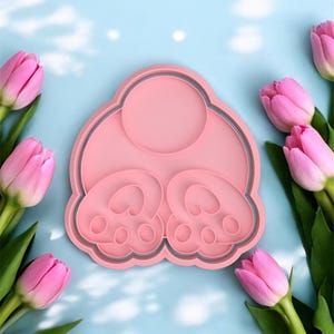 May include: Pink silicone mould shaped like a bunny with paw prints. The mould is on a light blue background.