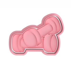May include: Pink plastic cookie cutter shaped like two dumbbells.
