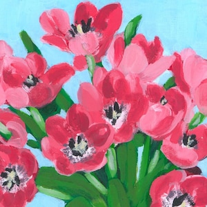 Biglietto d'auguri vuoto con busta, Tulipani rosa, Tulipani, 15 x 15 cm, Opera d'arte originale, Artista con sede nel Regno Unito, Stampa a olio