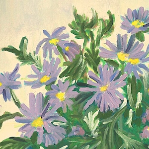 Blanco wenskaart, paarse madeliefjes, origineel olieverfschilderij, kunstenaar, kunstenaar uit het Verenigd Koninkrijk, 15 x 15 cm, fotoprint op dik karton.