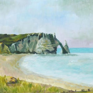 Tarjeta de felicitación en blanco, impresión de pintura de Etretat Beach Francia, tarjeta en blanco con impresión de pintura de playa original, impresión de pintura al óleo, artista con sede en el Reino Unido,