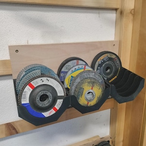 Può includere: Un supporto a parete che contiene diversi dischi abrasivi. I dischi sono di vari colori, tra cui blu, rosso, giallo e nero. Il supporto è in plastica nera e montato su una tavola di legno.