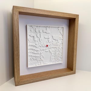 Op de afbeelding: Een witte 3D-geprinte kaart van een wijk is ingelijst in een lichtbruin houten lijst. Een klein rood puntje markeert een specifieke locatie op de kaart.
