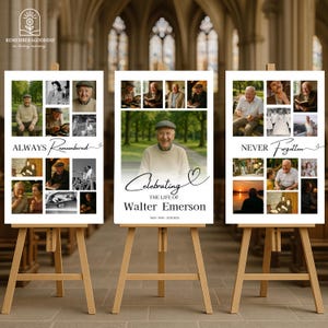 Modern Funeral Photo Collage Set – 3 Celebration of Life Poster Templates – Warm Tone Memorial Canva Download